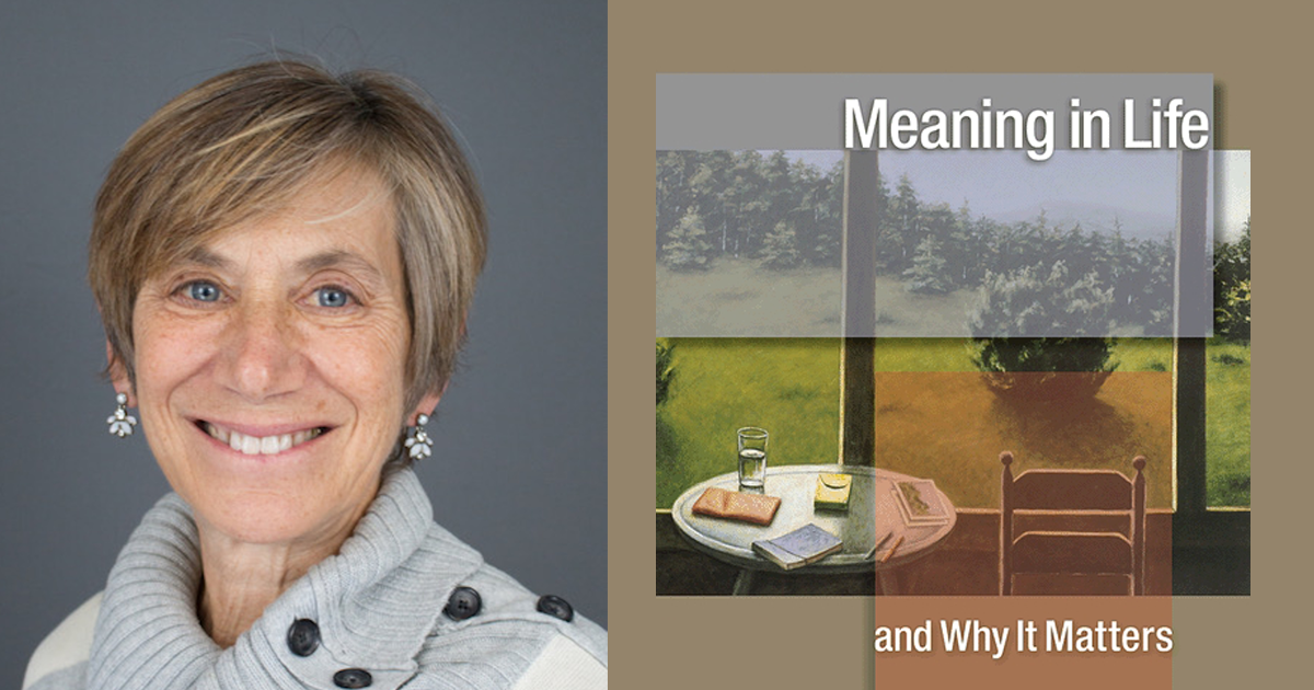 Author Susan Wolf alongside cover of her book Meaning in Life and Why it Matters